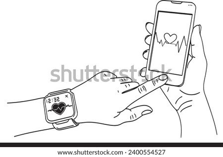 Synchronization between smartwatch and smartphone illustration, Communication between electronic wristwatch and smartphone vector