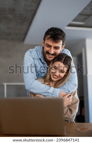 Image, Stock Photo Happy couple having video conversation on laptop at home