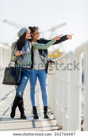 Two young and beautiful women looking over a dock fence and pointing in a direction