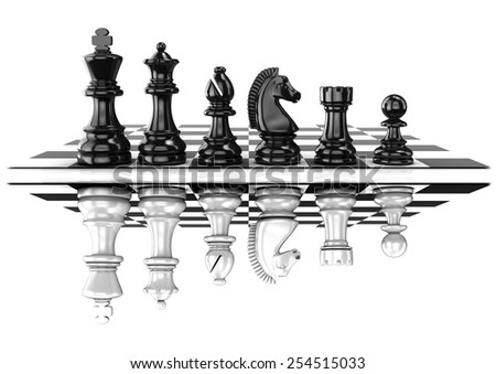 Chess black and white pieces, standing on board, mirrored. Isolated on white background