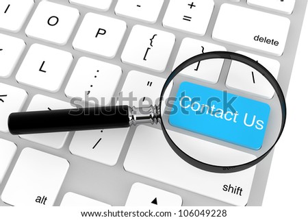 Magnifying glass with keyboard  Contact Us key on a white background