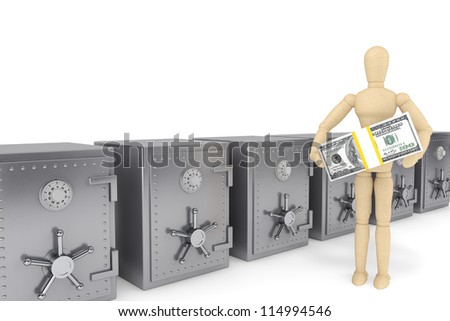 Banking concept. Wooden Dummy and bank safe on a white background
