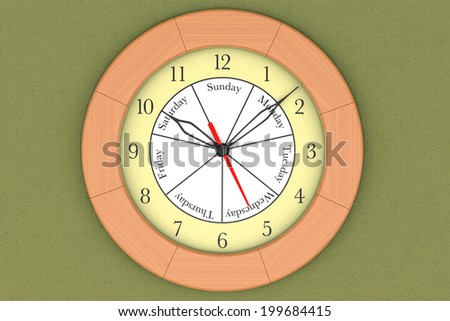 Wooden round wall clock with day indication on a wall background