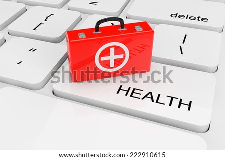 Health Care concept. Extreme closeup Red Medical Case on a keyboard