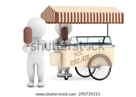 3d White Person with Ice Cream near Ice Cream Cart on a white background