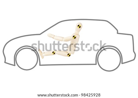 Crash test dummy in car outline on a white background