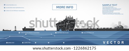 Automobile sea cargo ship, in the port near the pier and rows of new cars, infographics.