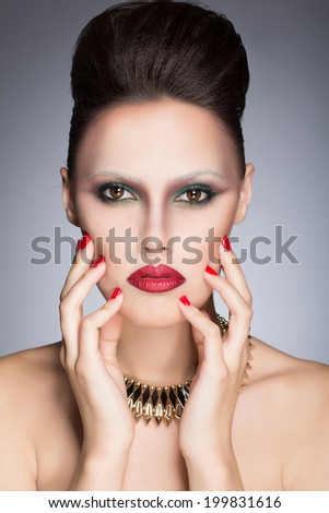 fashion beauty close up portrait of beautiful brutal woman, studio shoot