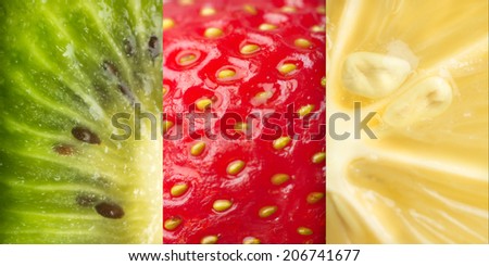 Macro photo of strawberry texture, Close up of a strawberry, Lemon, Kiwi fruit as background