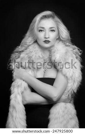 Winter Girl in Luxury Fur Coat. Fashion Fur. Black and White