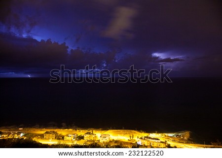 Dramatic night storm with lightning over the Mediterranean