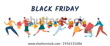 People shopping on black friday sale. Crowd running with carts, paper bags. Men and women purchasing on sale. Store, mall discount season vector illustration. Characters buying goods