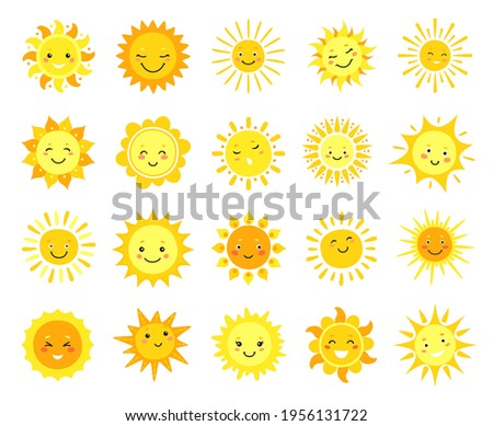 Cute sun. Cartoon sunny emoji, happy yellow sun characters with smile, sunshine emoticon, funny kawaii vector set. Cheerful summer faces with beams and rays. Bright sunburst, warmth