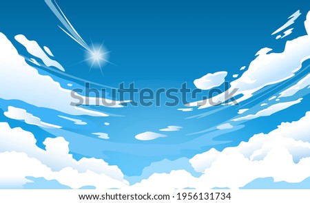 Anime sky. Cloud in blue heaven in sunny summer day, cloudy beautiful nature morning scene with falling star vector wallpaper, background. Bright cloudscape with cumulus and shining