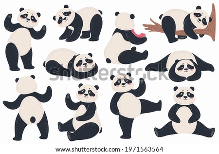 Panda. Cute pandas chinese bear in various poses standing, lying and sitting, dancing. Happy asian bears mascot vector characters. Comic mammal eating watermelon, waving hello, smiling