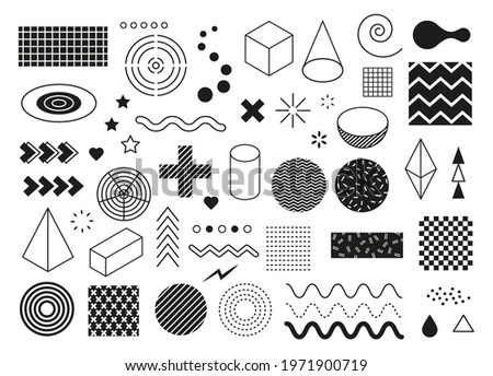 Abstract geometric shapes. Modern minimal graphic elements. Wave, triangle, line half circle, cube shape. Memphis design element vector set. Curved and dashed lines, swirls and stars