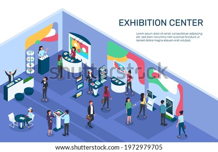 Isometric expo. Exhibition center with people, exhibit displays, stands, booths. Digital marketing, products promotion event 3d vector illustration. Retail store with showcase for advertisement