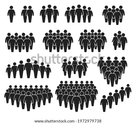 People crowd icons. Large group of people. Team of men or women. People gathering together, standing in queue. Person pictogram icon vector set. User group network, silhouettes for infographic