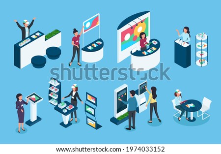 Isometric exhibition. People in expo at stand, booth. Sellers display products. Retail area event, showcase, advertising banners 3d vector set. Promo trade exposition with information desk