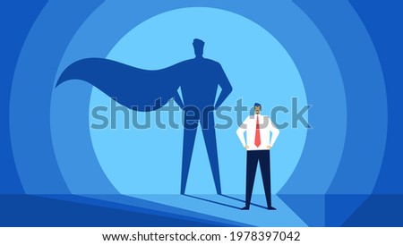 Businessman with superhero shadow. Successful and strong leader. Business success, confident leadership, ambition or power vector concept. Brave manager having career growth or promotion