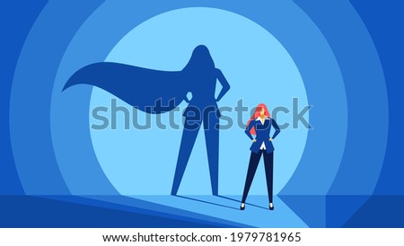 Businesswoman with superhero shadow. Strong, confident and successful business woman. Leadership, courage, power, success vector concept. Female boss or manager succeed, having promotion