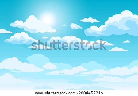 Blue sky with clouds. Anime style background with shining sun and white fluffy clouds. Sunny day sky scene cartoon vector illustration. Heavens with bright weather, summer season outdoor