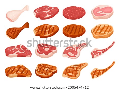 Fresh and grilled meat. Cartoon fried steak with grill marks. Chicken, pork, beef, burger patty. Raw, cooked and roasted meat vector set. Food for bbq, meal from butcher shop isolated Сток-фото © 