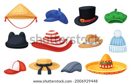 Cartoon hats. Cylinder, panama, baseball cap, beret, sombrero. Man and women summer stylish headwear, fashion head accessories vector set. Elegant and sport headdress for female and male characters