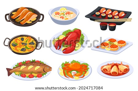 Cartoon seafood dishes, asian food and cuisine. Sushi, lobster, salmon, shrimp soup, baked fish. Delicious festive seafood dish vector set. Traditional japanese meal, restaurant presentation