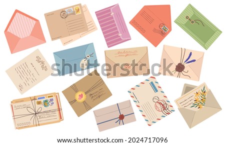 Envelopes, paper mail letters, postcards with stamps and postmarks. Handmade wax seal envelope, vintage correspondence post card vector set. Old-fashioned writing with flowers for holidays