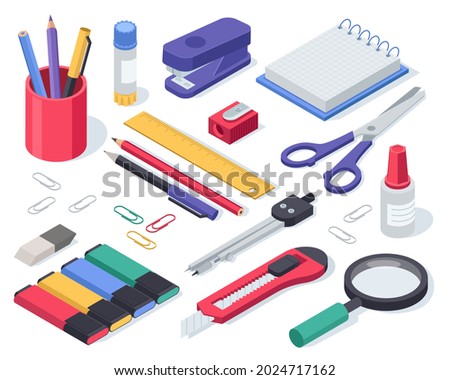 Isometric stationery. School supplies glue, notebook, material, pen, scissors, stapler, ruler, eraser. Office tools and equipment vector set for education. Stationers shop accessories