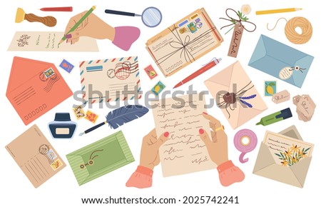 Envelopes, letters, paper mail, postcards with stamps and postmarks. Hands writing letter. Wax seal envelope with flowers, post card vector set. Woman holding paper with text and stationery