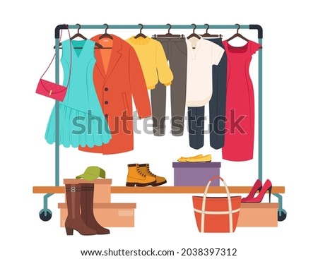 Clothes hanging on rack, garment rail with casual women clothing. Fashion girl wardrobe, female clothes on hangers vector illustration. Apparel as dress, coat, trousers and accessories