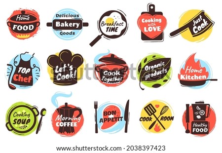 Cooking lettering logo, kitchen utensils labels with quotes. Culinary doodles, cook badges for street food festival poster or menu vector set. Kitchenware emblems for shop, masterclass and cafe