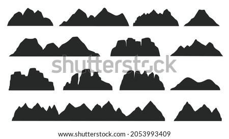 Black mountain ridge landscape silhouette, rocky terrain elements. Mountains peaks, hills, icebergs outdoor landscape silhouettes vector set. Nature cliffs and volcano shape for logo Photo stock © 