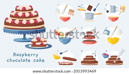 Cake recipe, baking dessert step by step instruction. Delicious birthday chocolate cake with cream, sweet bakery preparation vector illustration. Raspberry tasty pastry cooking process