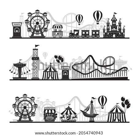 Amusement park landscape silhouette, carnival fairground rides. Roller coaster, carousel, horizontal funfair attraction vector background set. Funny and exciting leisure entertainment