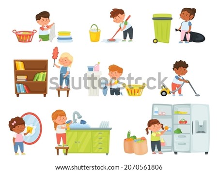 Cartoon kids doing housework, children helping with chores. Boys and girls vacuuming, dusting, washing dishes, mopping floor vector set. Character buying food and filling fridge, doing laundry Foto d'archivio © 