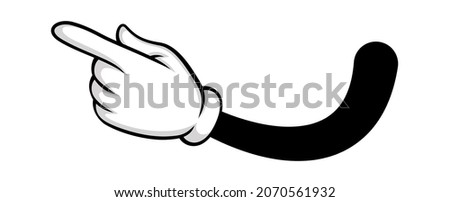 Direct to left, cartoon hand show right way. Comic hand in glove. Gesture arm artwork, pointing left, clipart forefinger gloved, vector illustration