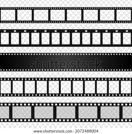 Blank film strip template, black movie reel photo frame. Retro cinema filmstrip, old negative reels camera, seamless films strips vector set. Cinematography production realistic elements