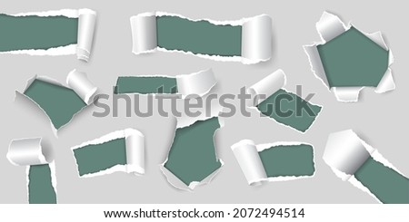 Holes in paper, bursting hole page gap with torn edge. Realistic ripped papers sheet corner, ragged white pages, rip out strips vector set. Teared and curled parts and peeling elements