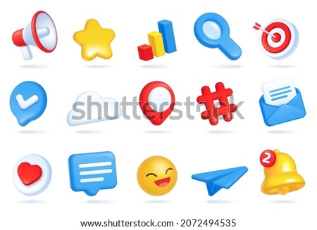 3d social media icons, digital marketing and advertising icon. Heart like, megaphone, emoji, bell notification, chat bubble symbols vector set. Magnifying glass, envelope with letter