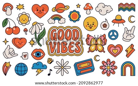 Retro 70s groovy elements, cute funky hippy stickers. Cartoon daisy flowers, mushrooms, peace sign, heart, rainbow, hippie sticker vector set. Positive symbols or badges isolated on white