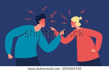 Angry couple shouting at each other, marriage problems. People quarrel, wife and husband arguing, family conflict vector illustration. Man and woman yelling aggressively with angry expression Foto stock © 
