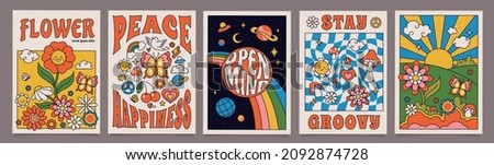 70s groovy posters, retro print with hippie elements. Cartoon psychedelic landscape with mushrooms and flowers, vintage funky print vector set. Open space with planets and stars, meadow with sunrise