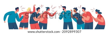 Two groups of people arguing and fighting, conflict among people. Angry characters having argument or disagreement vector illustration. Colleagues having debate or misunderstanding Foto stock © 