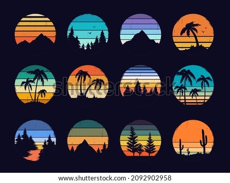 Retro sunset, 80s style grunge striped sunsets. Abstract vintage sunrise logo with summer beach, mountains, forest landscape vector set. Tourism or traveling concept, adventure logotype