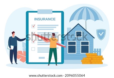 Home insurance, insure home and sign contract. Vector insurance home and property safety shield illustration