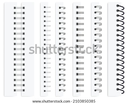 Realistic notebook spirals, calendar metal spiral binders. Binding coils for paper sheets, steel binder rings, wire bindings vector set. Twisted fastener for scrapbook, notepad or album