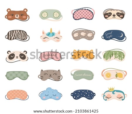 Cute sleeping masks with animals and patterns, night eye mask. Cartoon sleep accessories for dreaming, nightwear pajama elements vector set. Bedtime relaxation and rest, comfortable blindfold